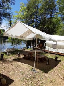 a white tent with a picnic table under it at Riverfront Ritz campsite in Lake Luzerne +8 photos