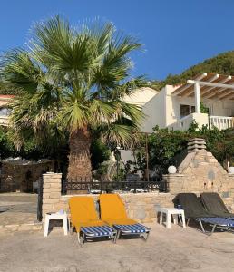 two chairs and a palm tree in front of a house at Sea You - Apartments in Avlákia