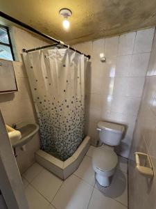 a bathroom with a toilet and a shower and a sink at Montano Camping & Hostel in Baños +113 photos