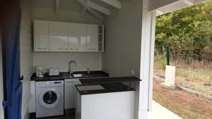 a kitchen with a sink and a washing machine at LE DOMAINE de L'HYLODE in Sainte-Anne