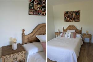 two pictures of a bedroom with a bed and a table at Casa de campo La Casuca Del Monje, San Vicente de la Barquera in La Acebosa +21 photos