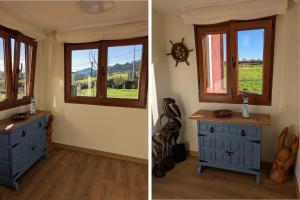 two pictures of a room with a blue dresser and windows at Casa de campo La Casuca Del Monje, San Vicente de la Barquera in La Acebosa