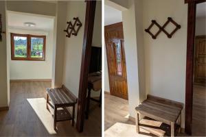 two pictures of a room with a wooden bench at Casa de campo La Casuca Del Monje, San Vicente de la Barquera in La Acebosa