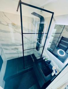 a glass shower with a sink in a room at Buda Side Comfort in Budapest