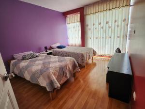 two beds in a room with purple walls and wooden floors at Refugio del Lago in Puno
