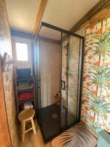 a walk in shower in a room with a stool at Chalet Majoie in Les Mages