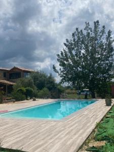 a swimming pool in a yard with a tree at Chalet Majoie in Les Mages
