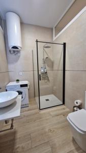 a bathroom with a shower and a toilet and a sink at Moderno Estudio en Alcobendas in Alcobendas