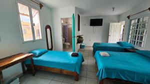 ein Zimmer mit drei blauen Betten und einem Fernseher in der Unterkunft Hotel Henry Bacalar in Bacalar