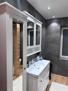a bathroom with a white sink and a mirror at Dom pod Aniołem in Sierakowice Prawe