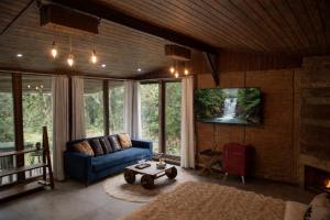 a living room with a blue couch and a tv at Pousada Irreplaceable in Visconde De Maua
