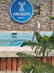 a bird sitting on a tree branch in front of a sign at Amarena Resorts in Bocapán