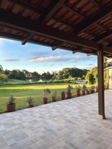 a patio with potted plants and a view of a field at A Cabanha in Caçador
