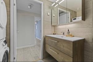 a bathroom with a sink and a mirror at Elegant apartment in Oslo +5 photos