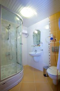 a bathroom with a shower and a sink and a toilet at Hermanos Hotel in Istanbul