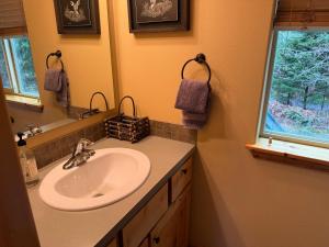 a bathroom with a sink and a mirror at Creekside Cabin - Ski Chalet in Packwood +59 photos