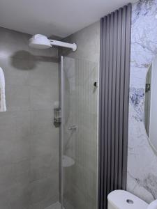 a bathroom with a shower with a toilet and a sink at KLEINN HOTEL BOGOTÁ in Bogotá