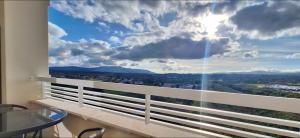 a balcony with a view of the mountains at Valença Sky View in Valença
