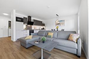 a living room with a gray couch and a kitchen at Bernsteinquartier, Whg 01 03 in Kölpinsee