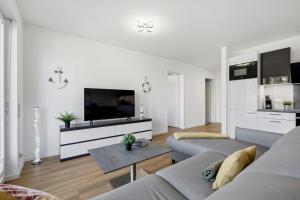a living room with two couches and a flat screen tv at Bernsteinquartier, Whg 01 03 in Kölpinsee