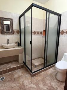 a bathroom with a glass shower and a toilet at Hotel-Posada Kali Tlayacapan in Tlayacapan +30 photos