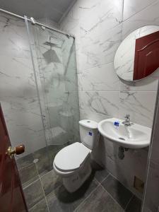 ein Badezimmer mit Toilette, Dusche und Waschbecken in der Unterkunft Hotel Lancan - Pauna, Boyacá in Pauna + 14 Fotos