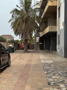 a palm tree in a parking lot next to a building at Jassehs Apartments in Brusubi +5 photos