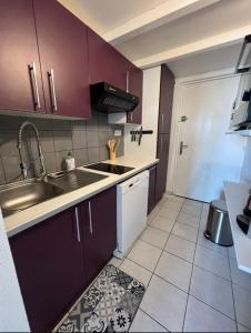 a kitchen with purple cabinets and a sink at Ti Coin Soleil in Saint-Paul