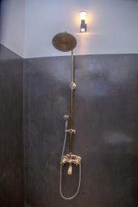 a shower with a shower head and a light on a wall at Wagon Wheel Inn in Busse