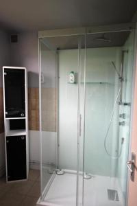 a shower with a glass door in a bathroom at Serre in Augne +15 photos