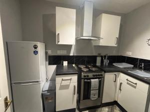 a kitchen with white cabinets and a stove and refrigerator at Jolly Jupiter at The Moon in Pontnewynydd