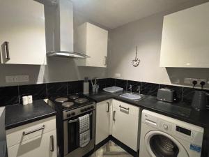 a kitchen with a stove and a washing machine at Jolly Jupiter at The Moon in Pontnewynydd
