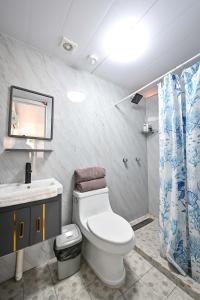a bathroom with a toilet and a sink and a mirror at KH habitaciones in Manzanillo +20 photos