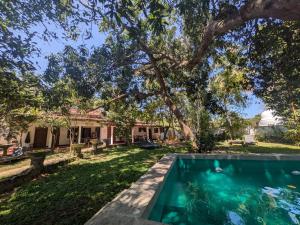 a backyard with a swimming pool and a tree at Mariposa Hiriketiya in Dickwella