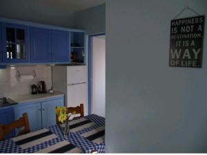 a kitchen with blue cabinets and a table with flowers on it at Ellenas- studios Nikiana Lefkada in Nikiana +6 photos