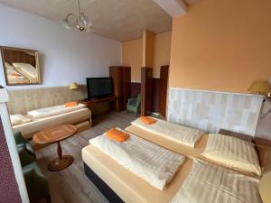 a room with two beds and a flat screen tv at Hotel U Branky in Stříbro