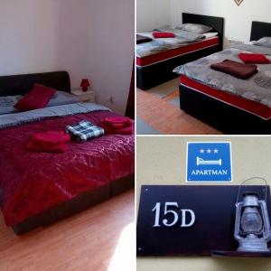 duas fotografias de um quarto com uma cama e uma câmara em MiaMea Apartment em Tuheljske Toplice