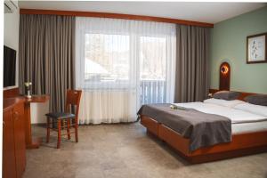 a bedroom with a bed and a desk and a window at Hotel Tripič, restaurant and pizzeria in Bohinj +55 photos