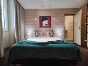 a bedroom with a large bed with a green blanket at Hôtel des Alpes in Annecy