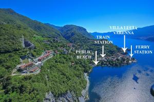an aerial view of a river with mountains at Villa Lucia Varenna in Varenna