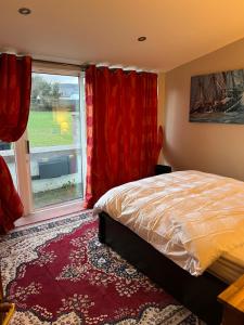 a bedroom with a bed and a window with red curtains at Kilpedder cottage in Kilpedder