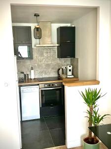 a kitchen with black cabinets and a black oven at L'Opale in Wimereux