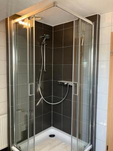 a shower with a glass enclosure in a bathroom at Ferienwohnung 5 Anna in Bergen auf Rügen