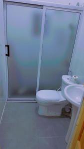 a bathroom with a toilet and a sink at A & A Apartments in Serekunda