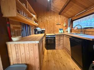 a kitchen with wooden cabinets and a black dishwasher at Haus Sommerfeld in Meißendorf