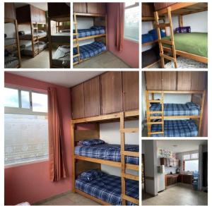 four different pictures of bunk beds in a room at Hostal el búho Morelia in Morelia