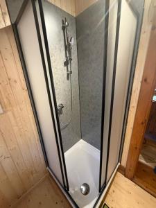 a shower with a glass door in a bathroom at Haus Sommerfeld in Meißendorf