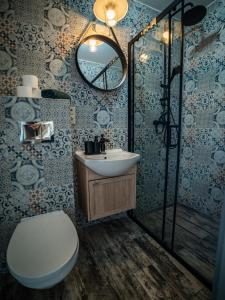 a bathroom with a toilet and a sink and a mirror at Perła Turawa in Turawa +63 photos