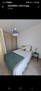 a bedroom with a large white bed with a green blanket at charmante maison neuve proche plage et commerces in Calvi