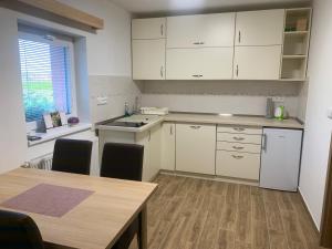 a kitchen with white cabinets and a wooden table at Apartmány Vinařství Tesařík in Prušánky +20 photos